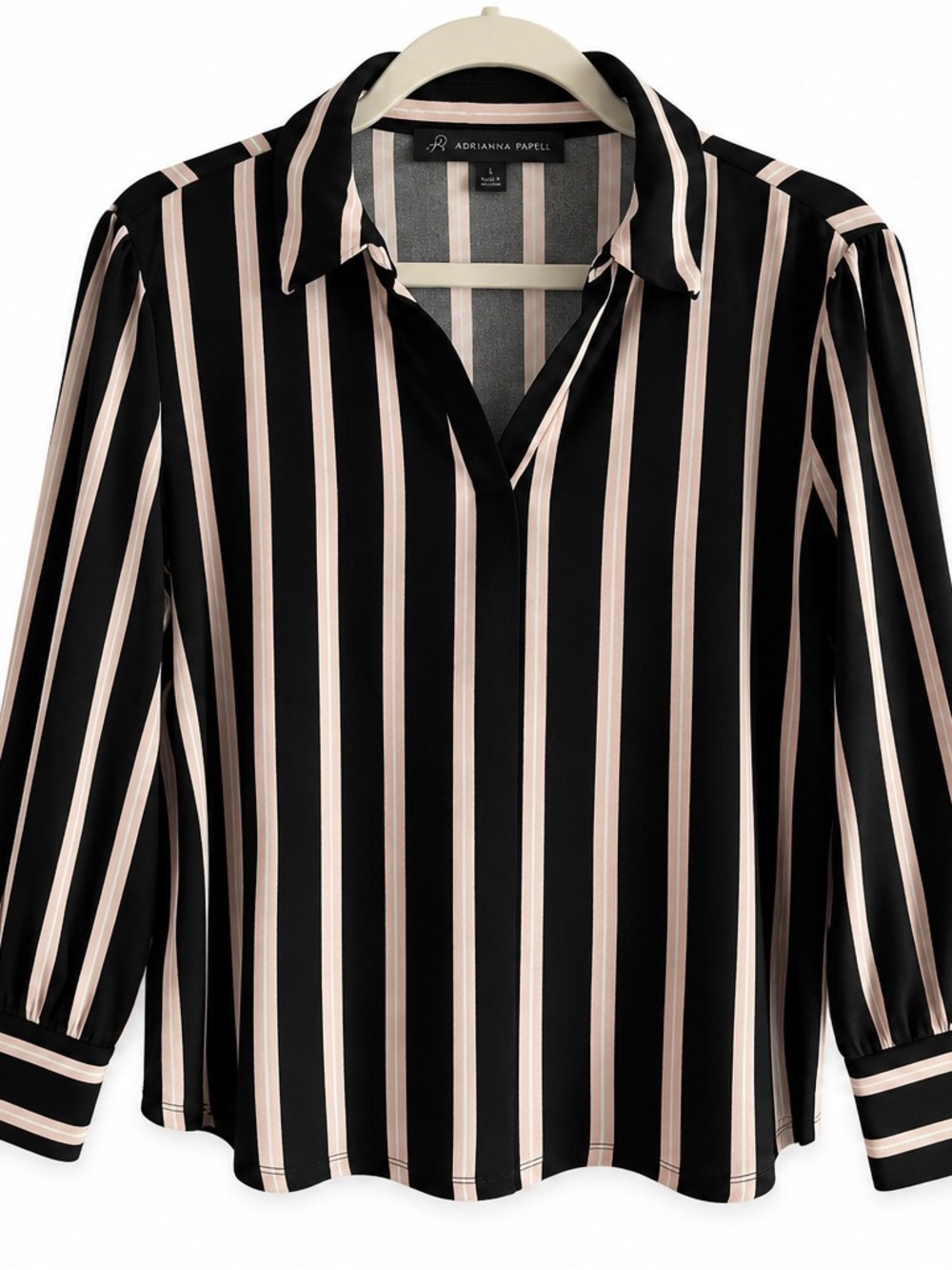 Adrianna Papell Black and Blush Vertical Stripe V-Neck Blouse